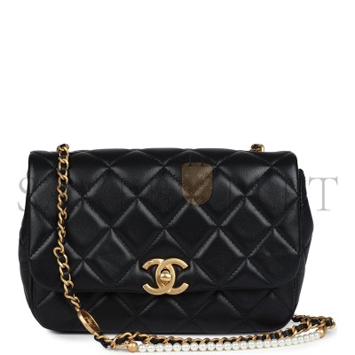 CHANEL MASTER  MINI PEARLY CHAIN FLAP BAG BLACK LAMBSKIN BRUSHED GOLD HARDWARE  (20*15*5cm)